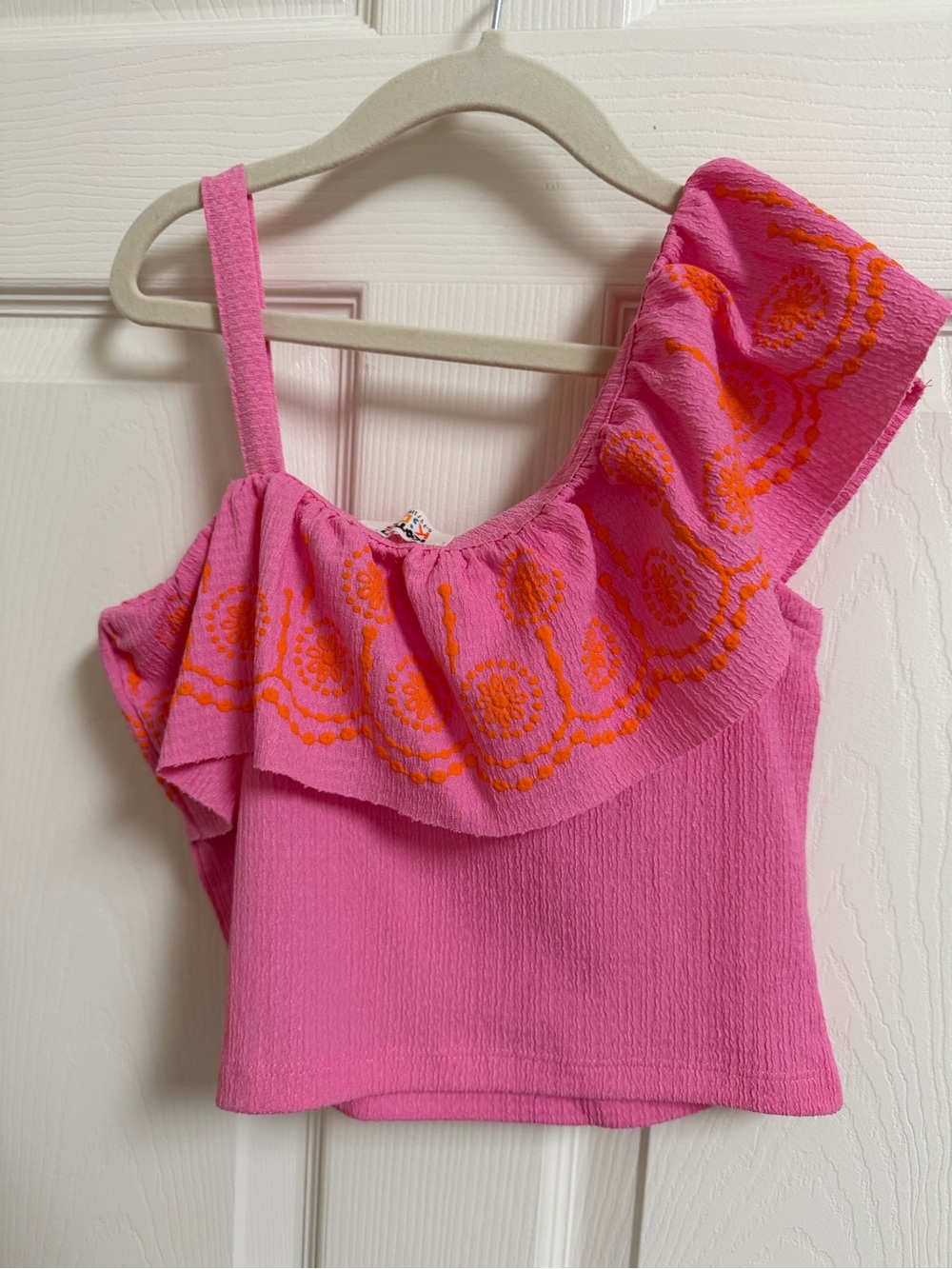 Girls Pink One-Shoulder Ruffle Embroidered Tank Top - Picture 2 of 3